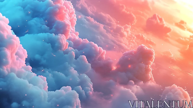 Iridescent volumetric clouds glow in cinematic sunset light