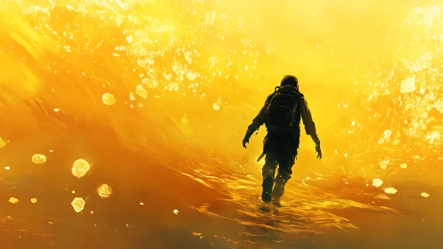 Explorer strolling through a glowing golden dreamscape.