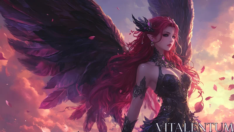 Twilight winged sorceress rising through rose-gold skies.