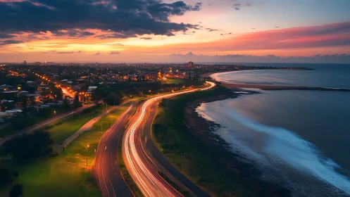 Coastal highway light trails beside illuminated seaside city.