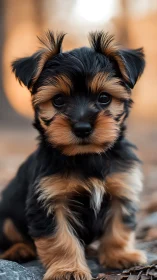 Shallow depth of field portrait of small black and tan puppy