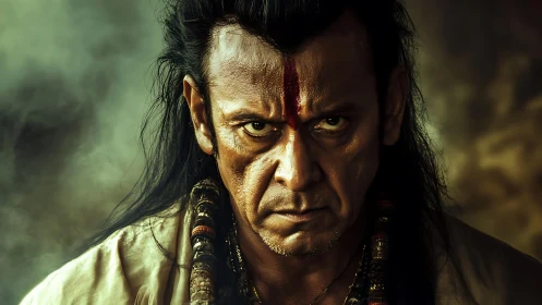 Intense warrior portrait with forehead tilak and ritual beads