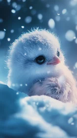 Fluffy white chick glows softly in drifting winter snow