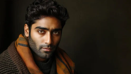 Portrait shows bearded man in warm clothing against dark background