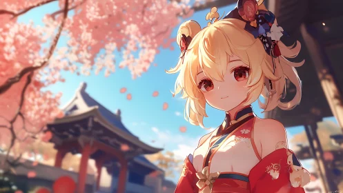 Smiling kimono girl under soft spring cherry blossoms.