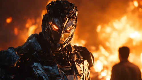 Armored cybernetic warrior glows against burning cityscape.