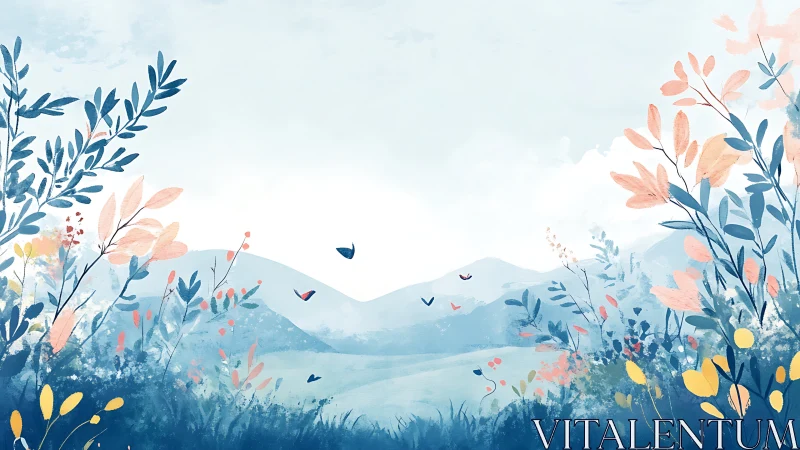 Digital landscape shows stylized foliage framing distant hills