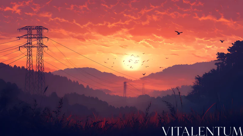 Sunset-lit transmission towers intersect layered mountain silhouettes