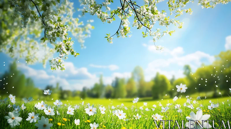Blossoming tree branches over grassy meadow with flowers.