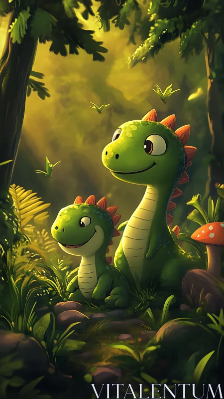 Softly lit cartoon dinosaurs in volumetric forest clearing study