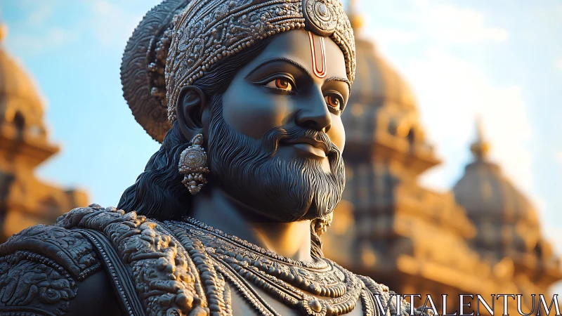 Regal warrior statue before ornate temple at sunset.