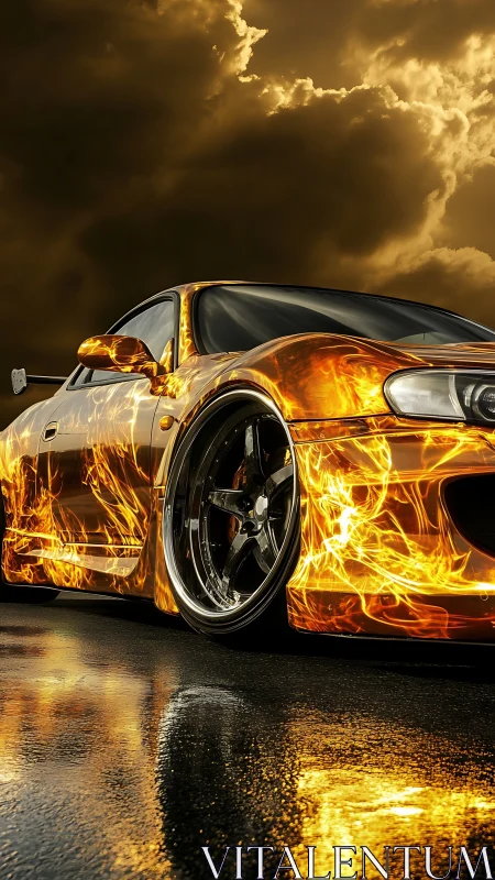 Flaming sports car reflects on wet asphalt under storm clouds