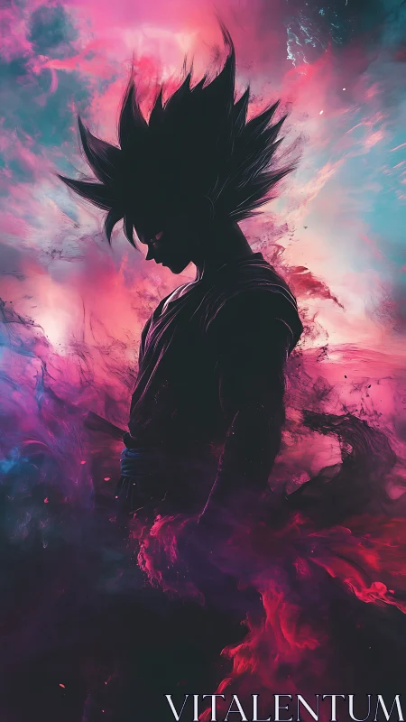 Silhouetted energy warrior in chromatic plasma turbulence.