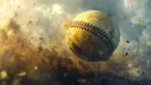 Weathered baseball spins through dust and debris field.
