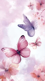 Butterflies drift gracefully above soft pastel blossoms in light