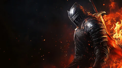 Armored knight engulfed in flames against dark void.