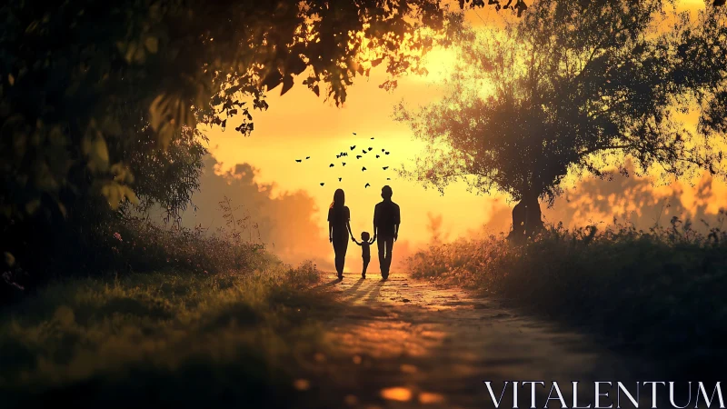 Silhouetted family walking forest path under golden sunset.