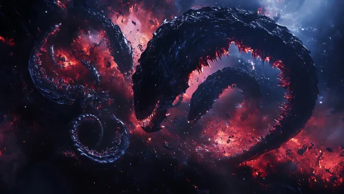 Cosmic serpentine leviathan coils through volcanic nebula.