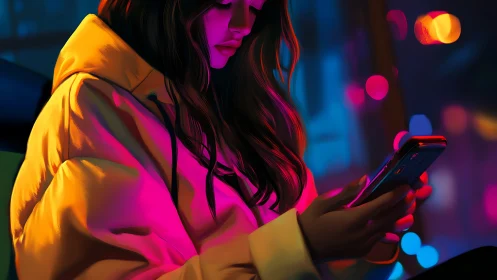 Young woman with smartphone in neon city night lighting.
