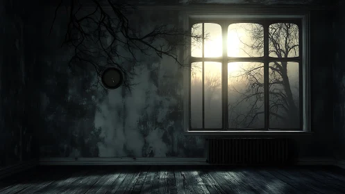 Empty decayed room with misty window and bare trees.