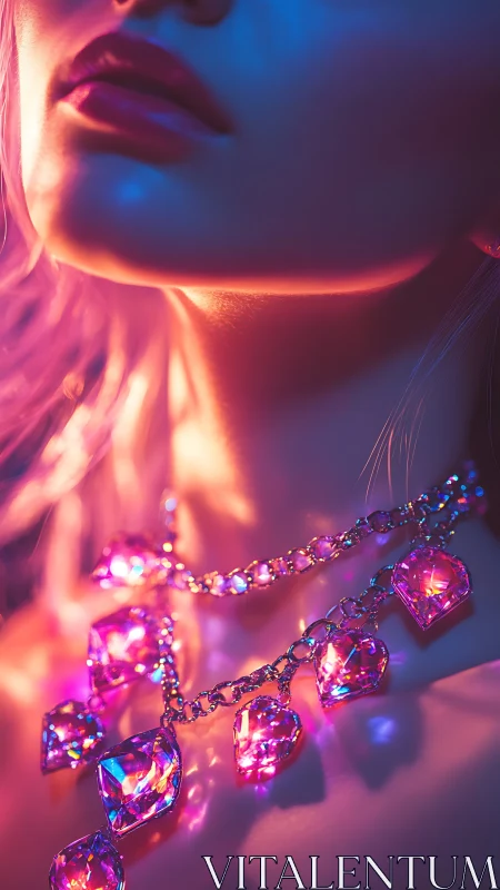 Neon-lit crystal heart necklace on illuminated neck.
