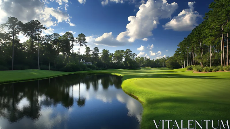 Golf course fairway curves around reflective water hazard