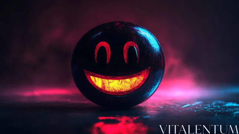 Glowing neon smiley sphere in cinematic red blue foggy lighting