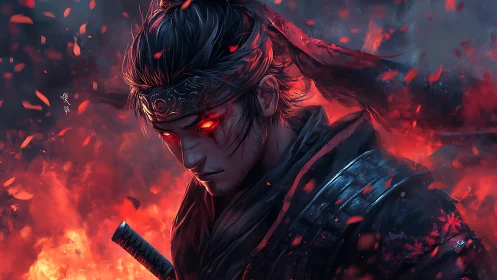 Fierce warrior in glowing embers with quietly burning resolve.