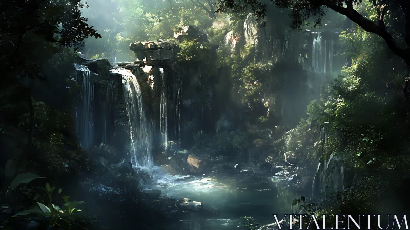 Underground Cavern with Cascading Waterfalls and Luminescent Water