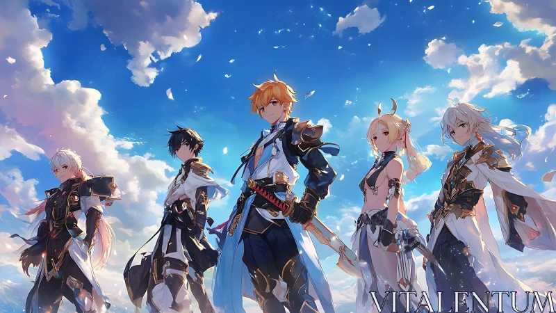 Five fantasy warriors standing under expansive cloudy sky.