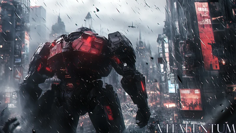 Towering combat mech strides through a stormy neon city