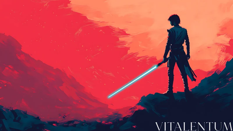 Silhouetted plasma-blade warrior over chromatic alien canyon.