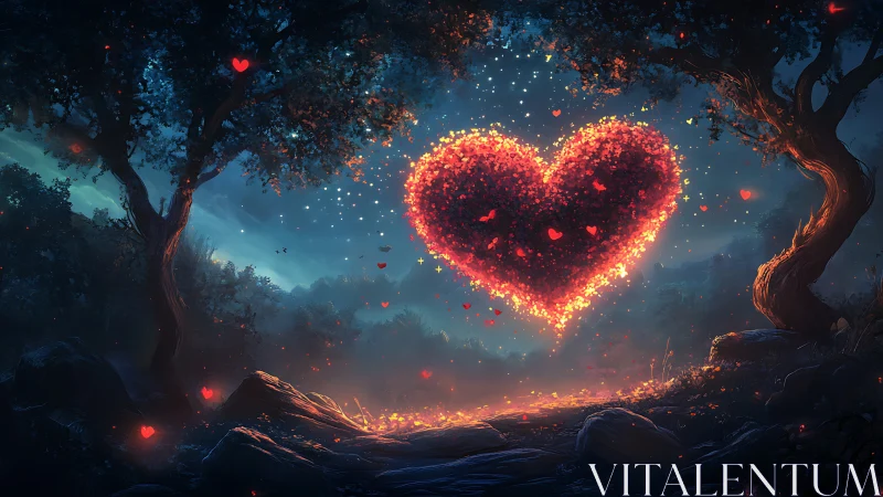 Glowing Heart in an Enchanted Forest at Night.