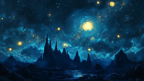 Digital painting of alien spires under swirling stellar sky.