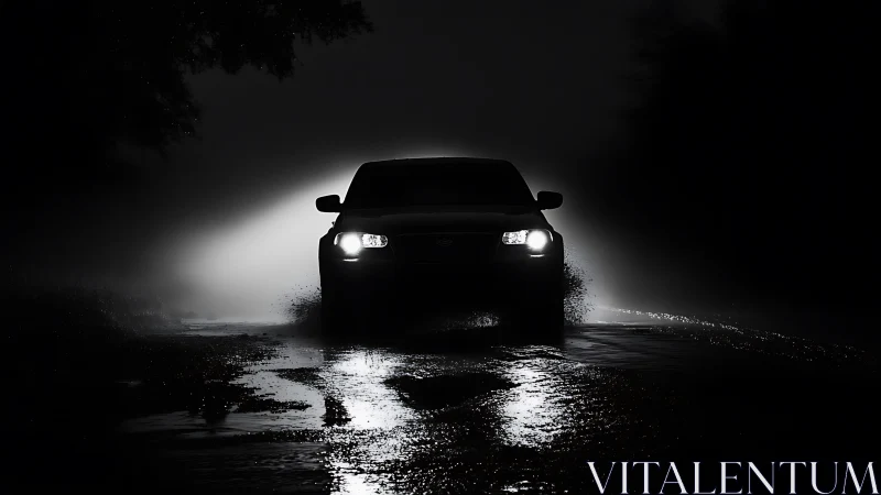 Headlights cut through the night as a lone car meets the rain