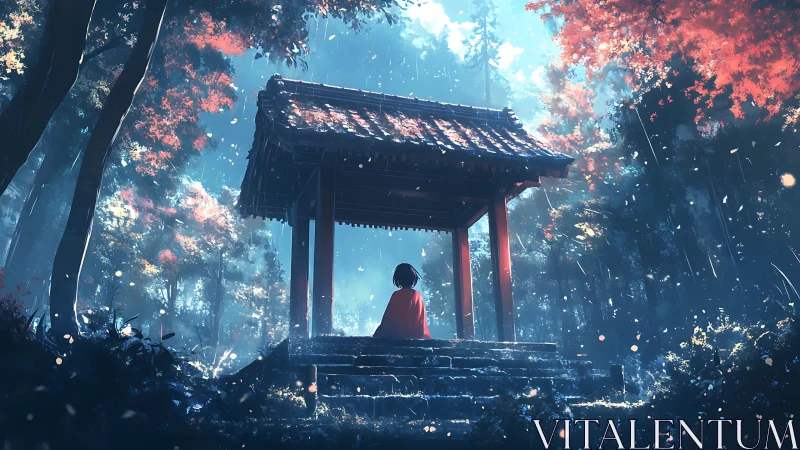 Quiet red-cloaked dreamer beneath a forest shrine hush.