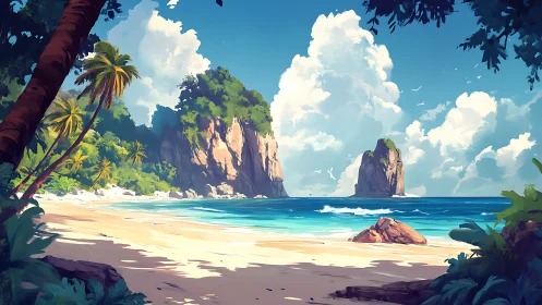 Tropical Coastal Landscape with Limestone Formations and White Sand Beach