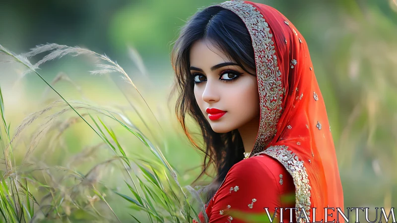 Scarlet gaze in wild meadow light, wrapped in jeweled grace.