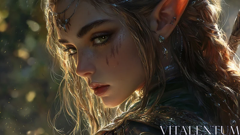Fierce elven warrior gazes back in sunlit forest calm