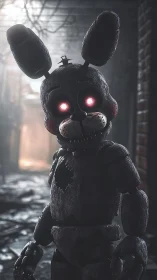 Mysterious robot bunny with glowing eyes in a foggy alley.