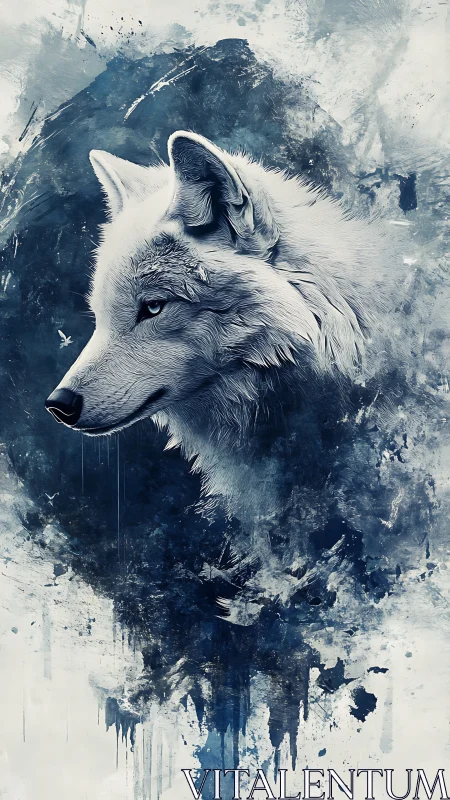 Digital painting profile of white wolf in abstract ink field.