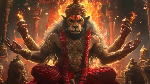 Fiery lion‑headed deity enthroned amid blazing temple pillars.