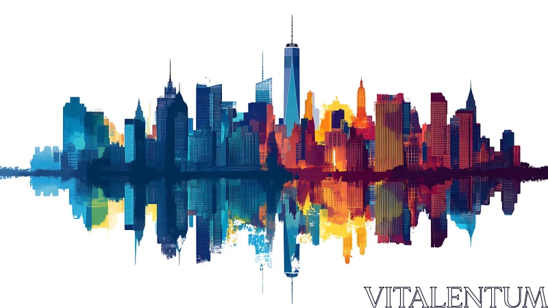 Color-splashed city skyline reflects across calm water surface.