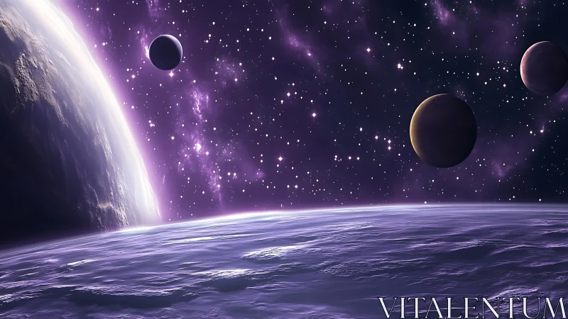 Gentle violet cosmos with drifting planets and quiet light.