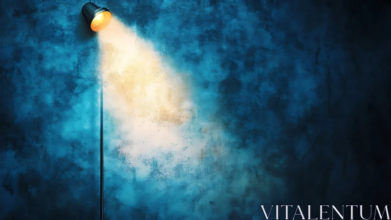 Wall-mounted spotlight projects focused beam on blue surface