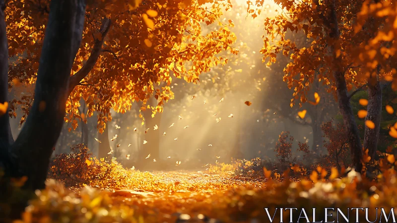 Golden autumn forest path glows under cascading sunlight