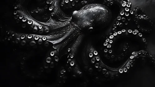 Glossy black octopus sprawls across deep shadowed surface