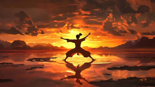 Martial artist silhouetted against high-saturation sunset sky