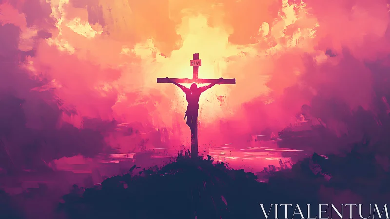 Crimson clouds cradle a lone crucifix in blazing silence