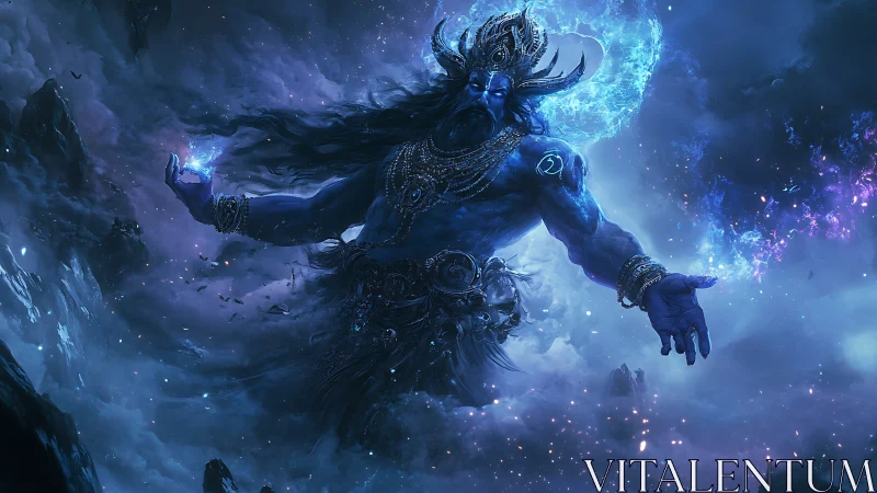 Mystic blue deity shaping swirling cosmic storms with grace.